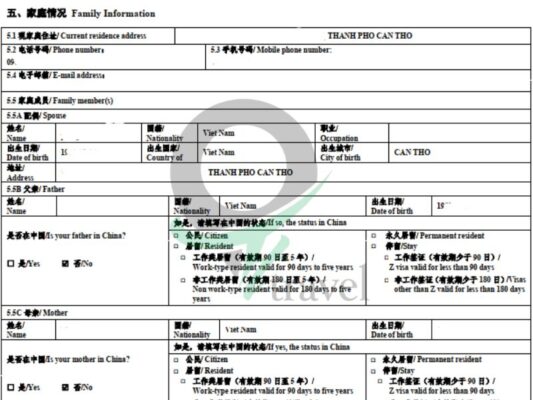 Điền thông tin gia đình trên mẫu tờ khai xin visa Trung Quốc